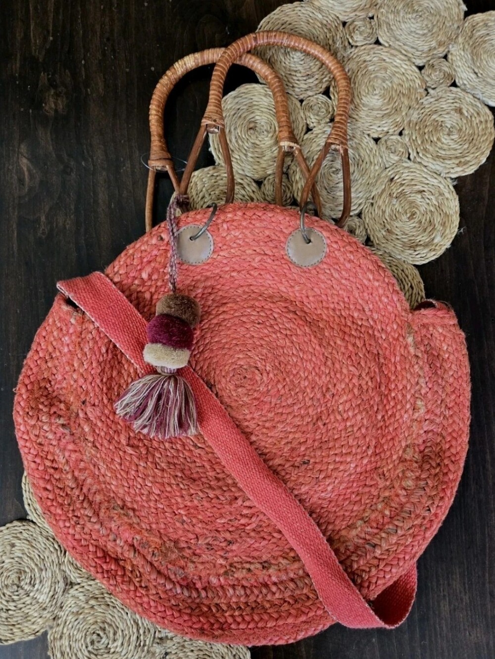 Coral Crush Straw Boho Woven Chic Oversize Jute Circle Beach Riot Festival Tote